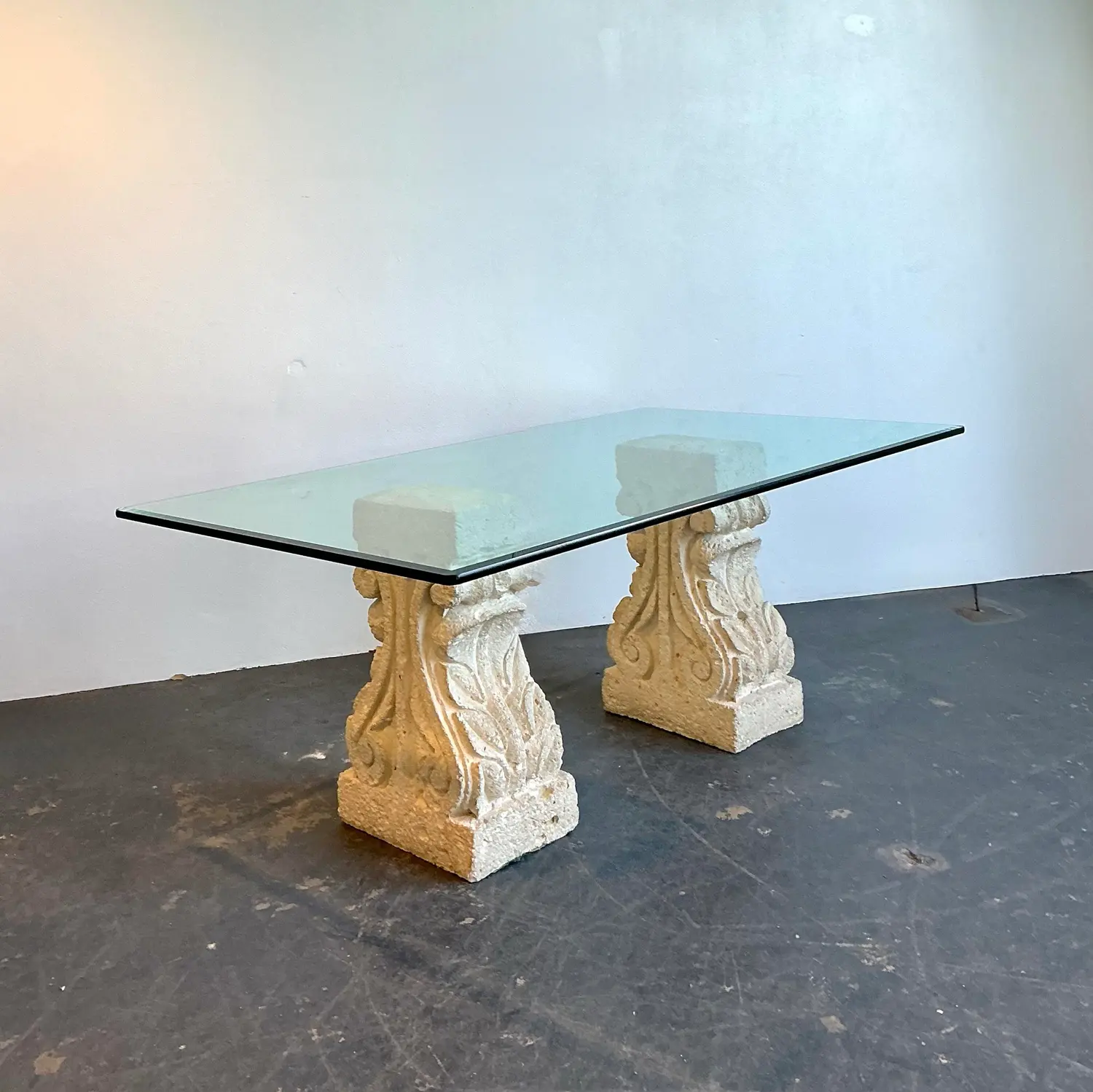 Vintage Carved Coquina Stone Pedestal Dining Table - Top view