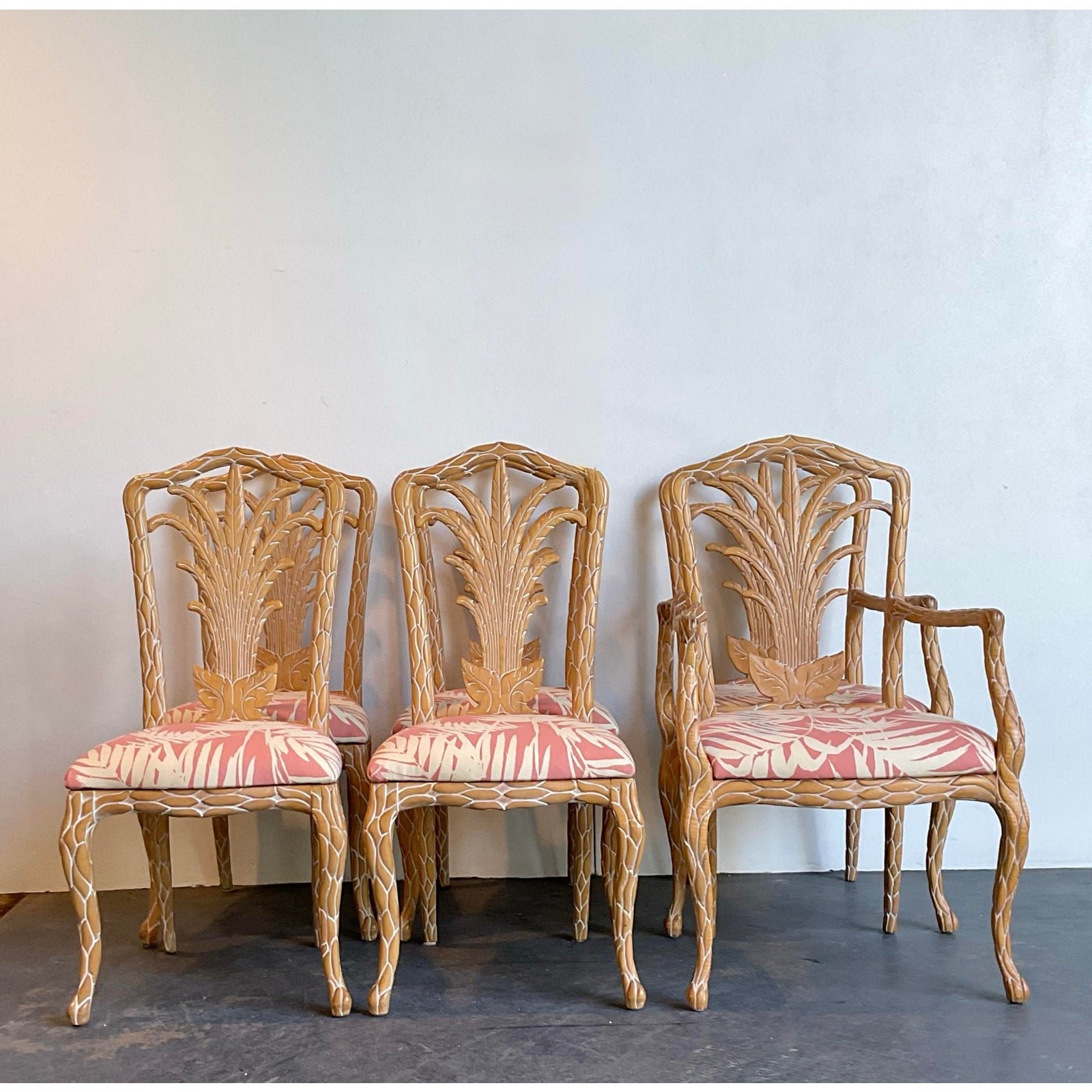 Vintage Carved Faux Bois Dining Chairs in Quadrille Palm Print - Detail view