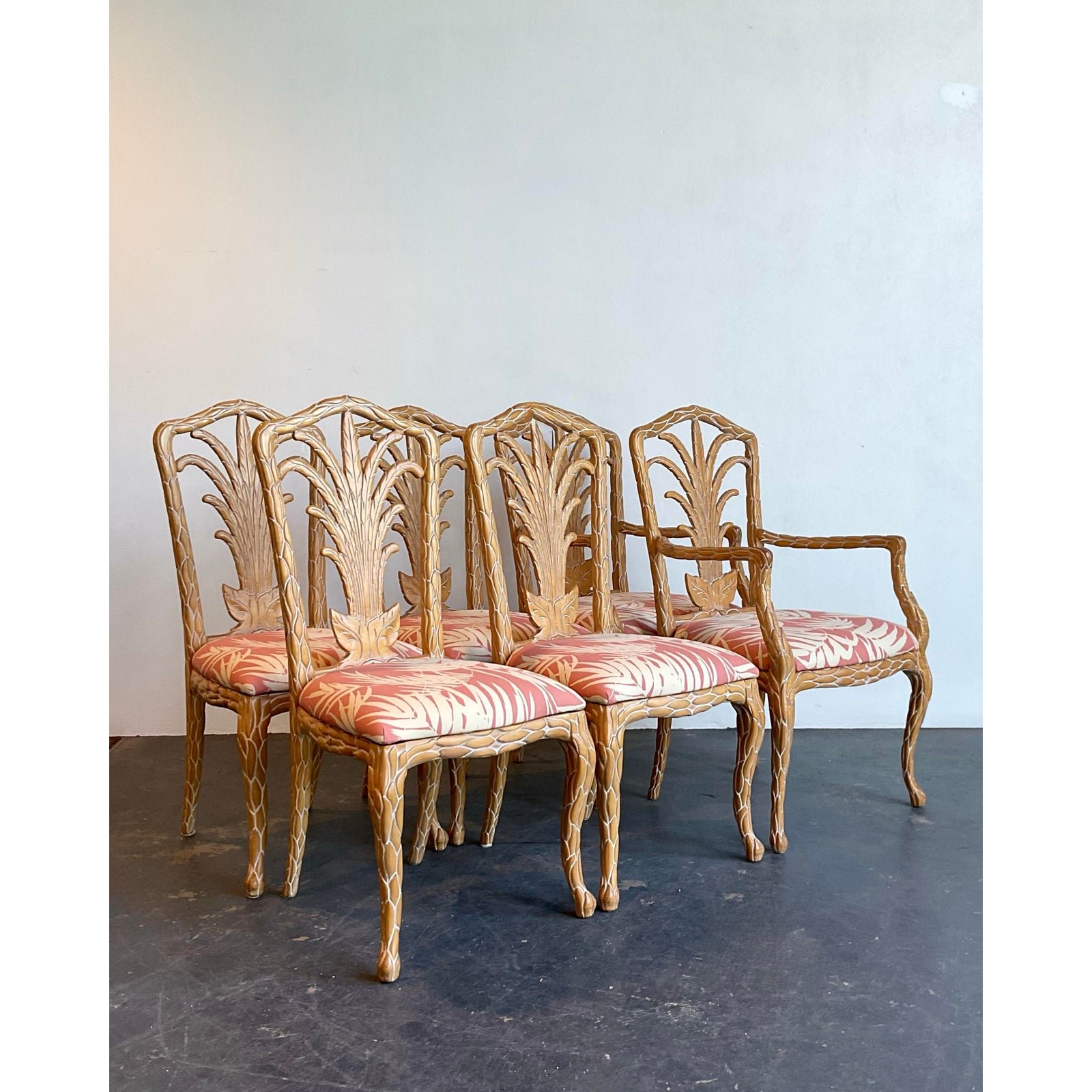 Vintage Carved Faux Bois Dining Chairs in Quadrille Palm Print - Back view