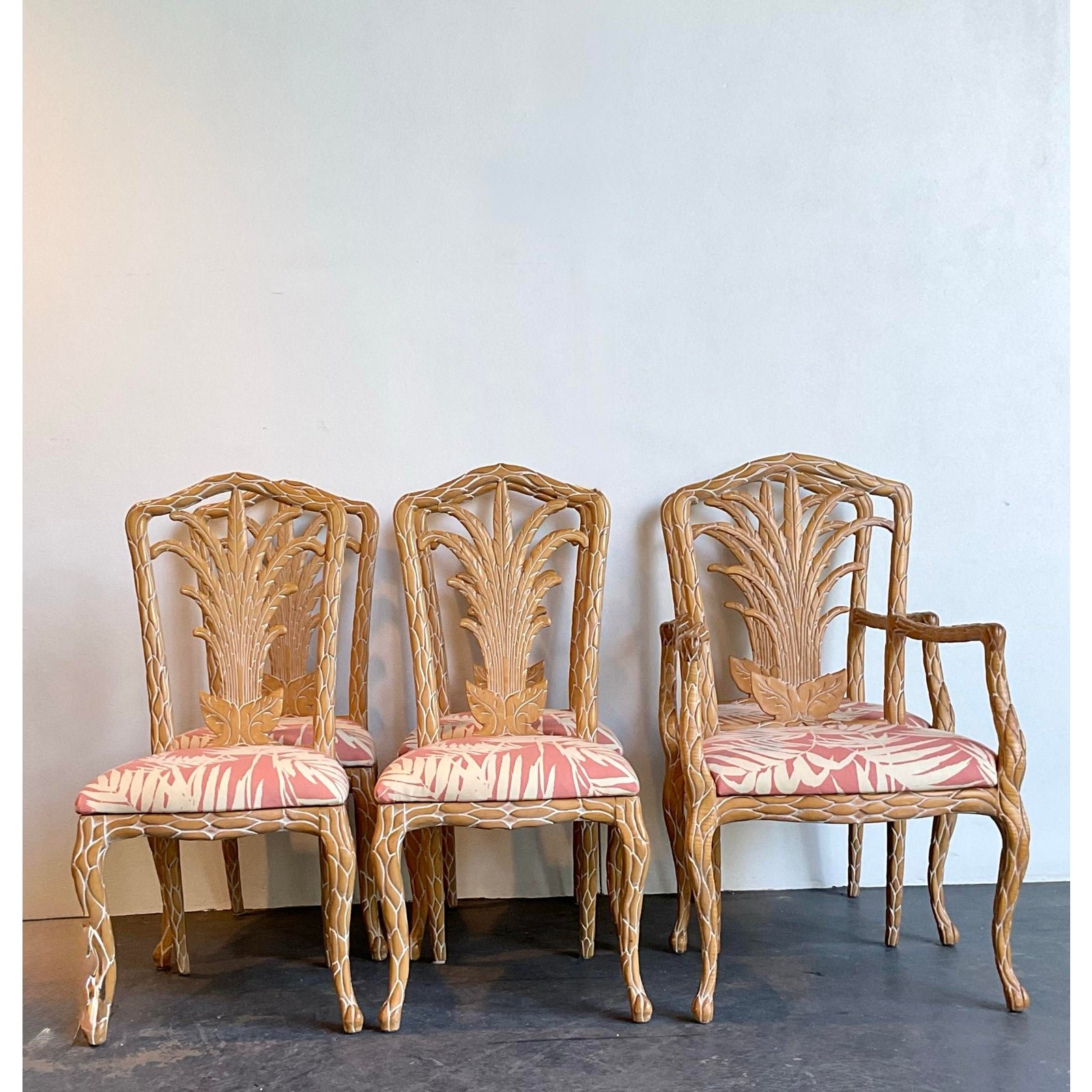 Vintage Carved Faux Bois Dining Chairs in Quadrille Palm Print - Top view
