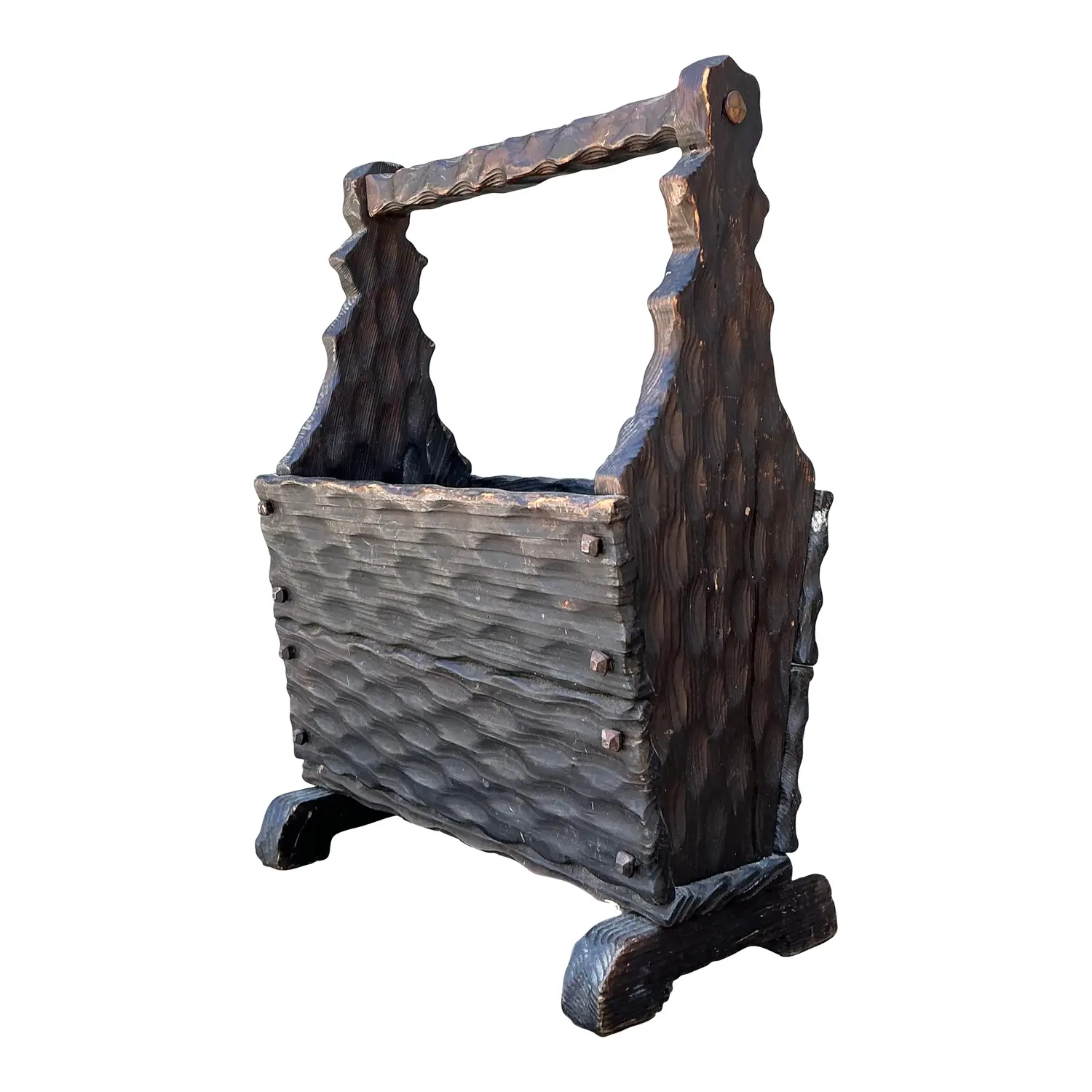 Vintage Carved Pine Wood Basket