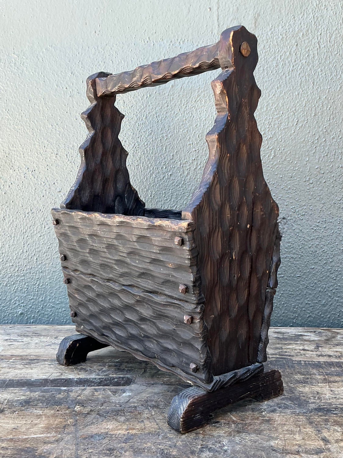 Vintage Carved Pine Wood Basket - Back view
