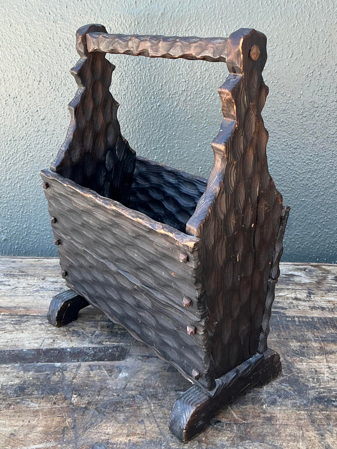 Vintage Carved Pine Wood Basket - Top view