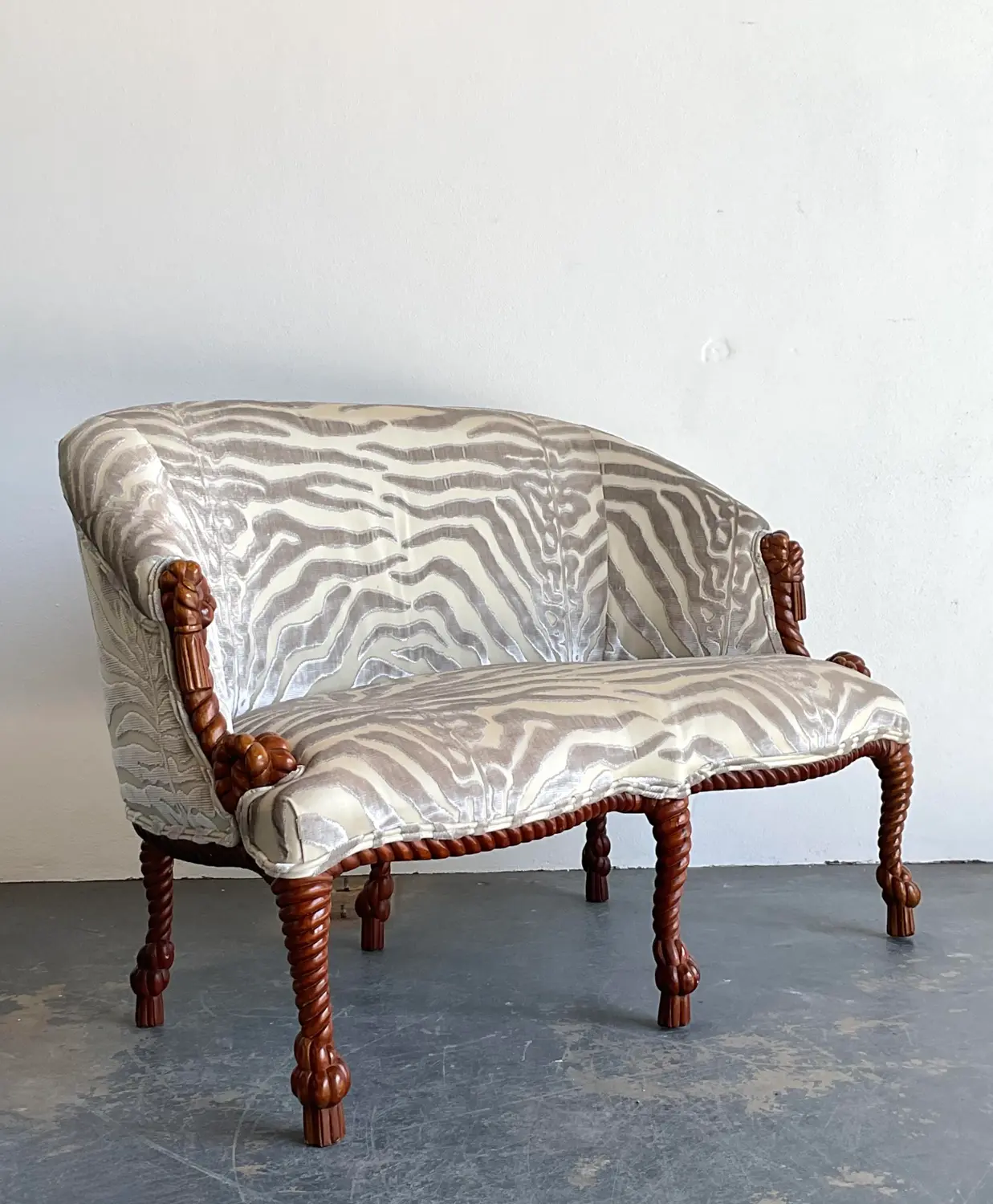 Vintage Carved Rope and Knot Loveseat in Scalamandre Tiger Devore - Detail view