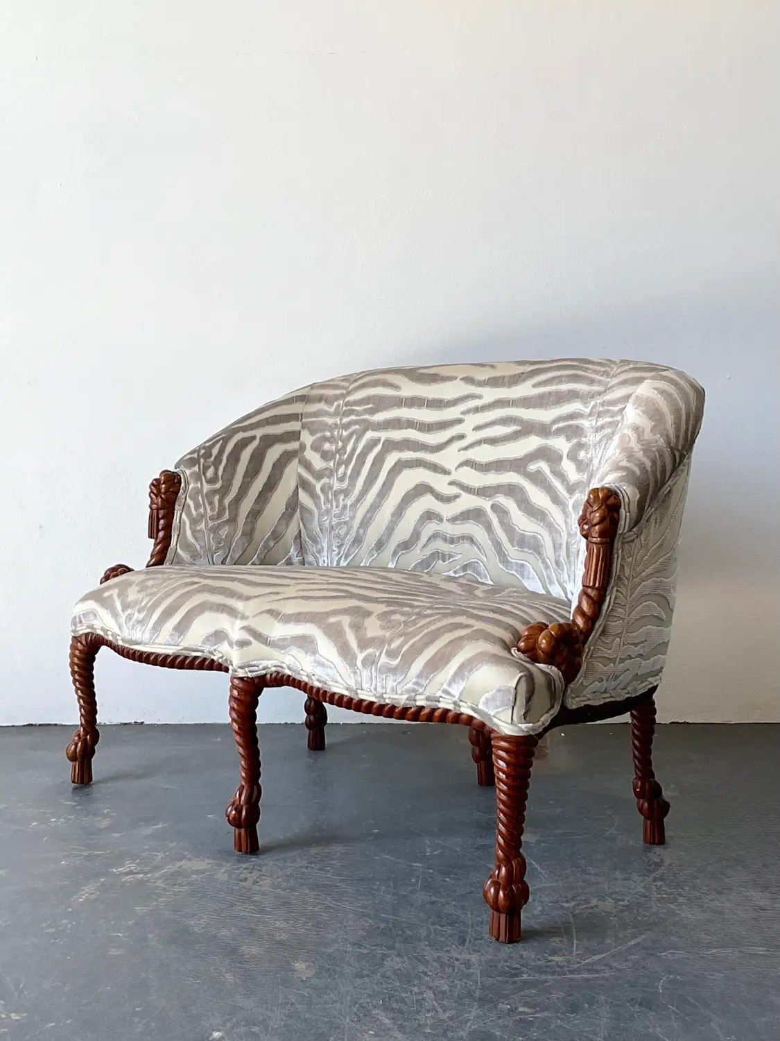 Vintage Carved Rope and Knot Loveseat in Scalamandre Tiger Devore - Side view