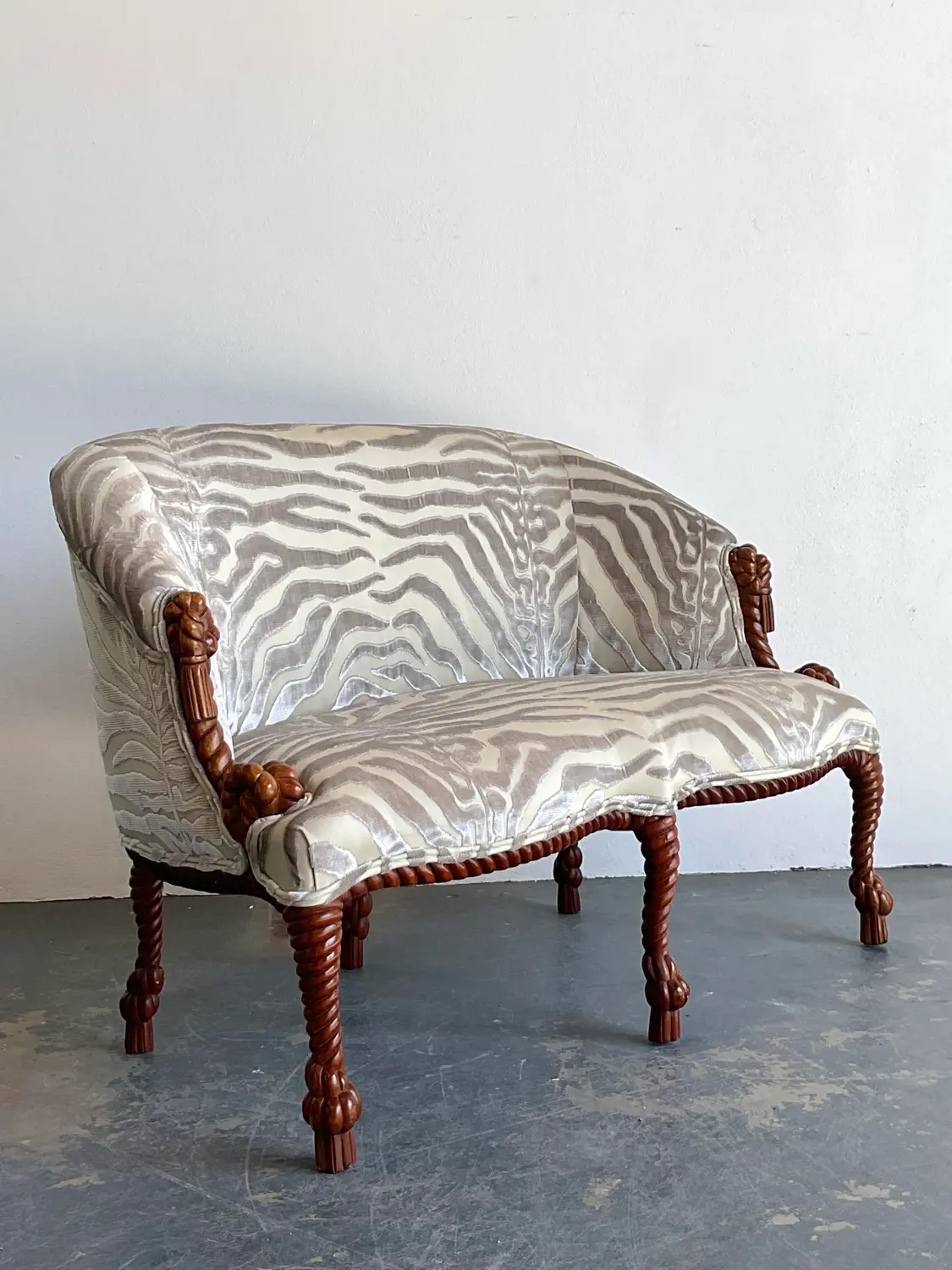 Vintage Carved Rope and Knot Loveseat in Scalamandre Tiger Devore - Back view