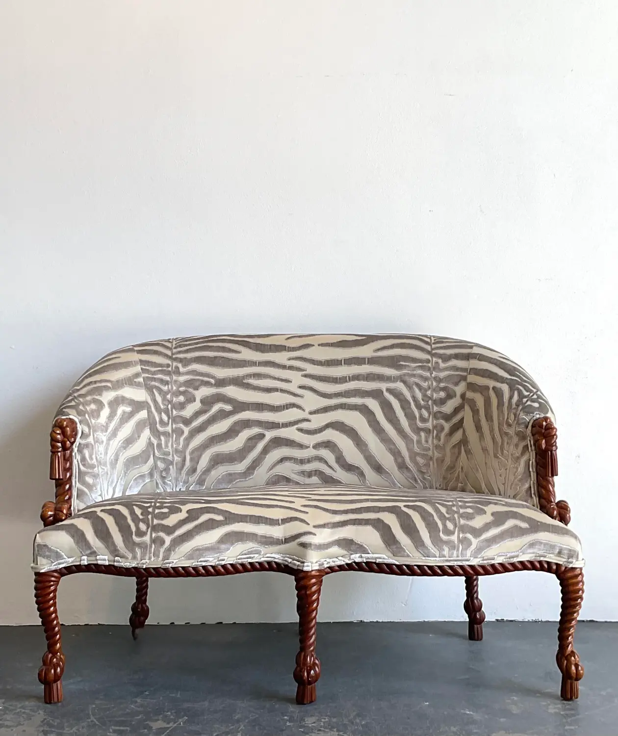 Vintage Carved Rope and Knot Loveseat in Scalamandre Tiger Devore - Top view