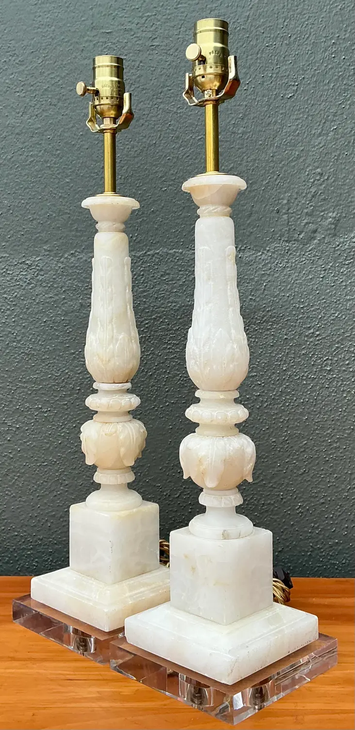 Vintage Carved Stone Column Lamp - A Pair - Side view