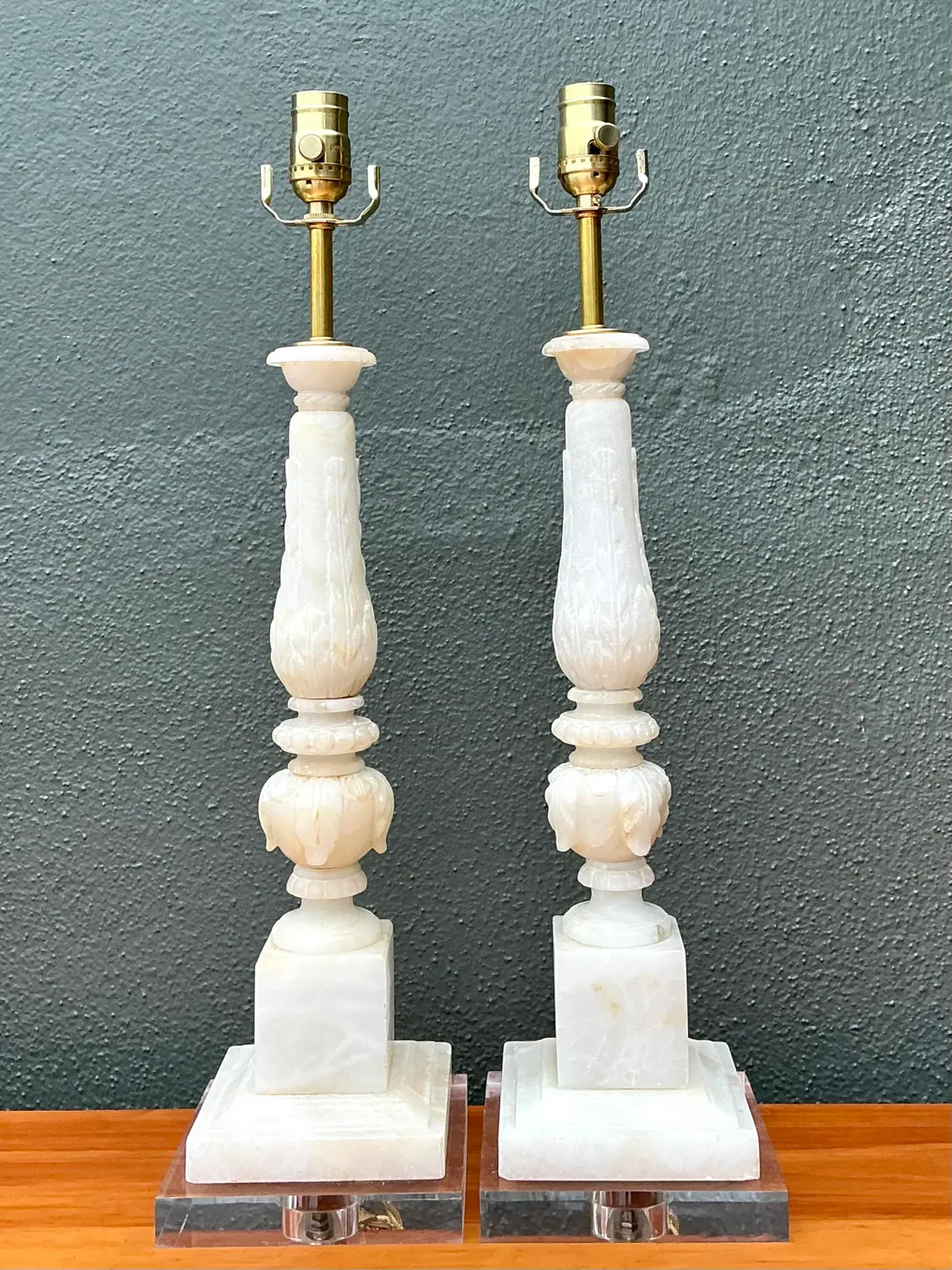 Vintage Carved Stone Column Lamp - A Pair - Top view