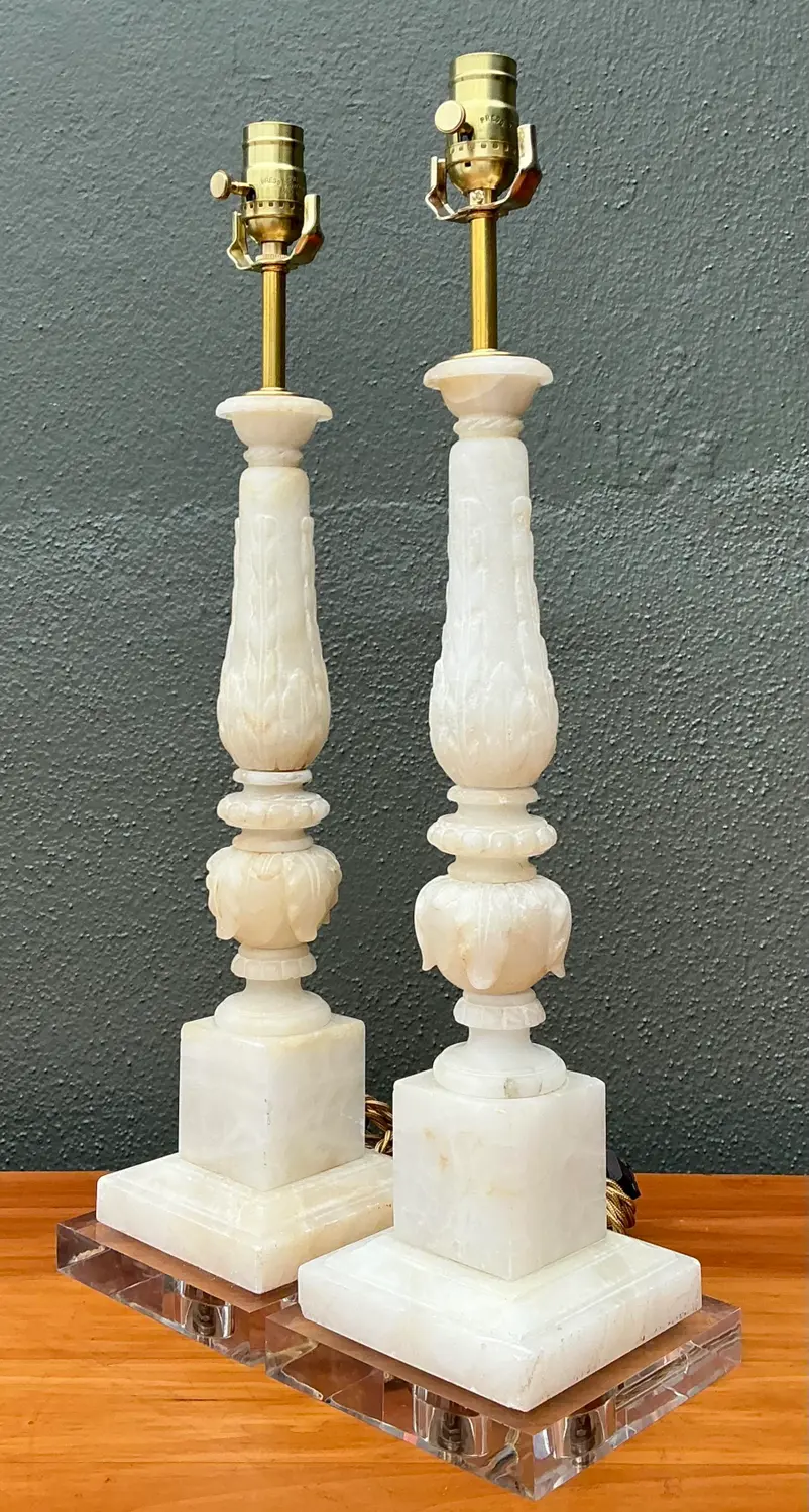 Vintage Carved Stone Column Lamp - A Pair - Back view