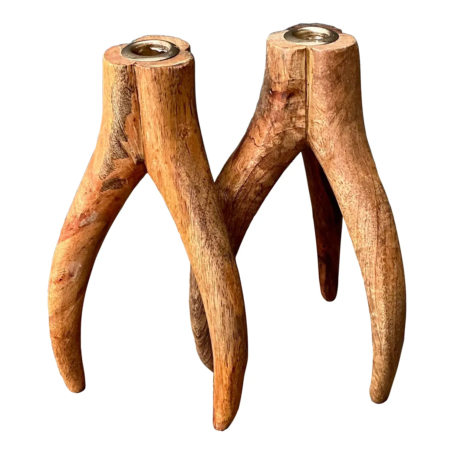 Vintage Carved Wood and Brass Antler Candlesticks - A Pair