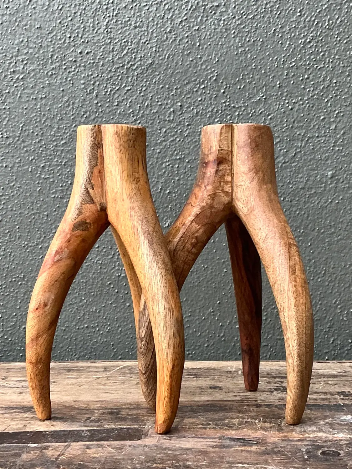 Vintage Carved Wood and Brass Antler Candlesticks - A Pair - Detail view