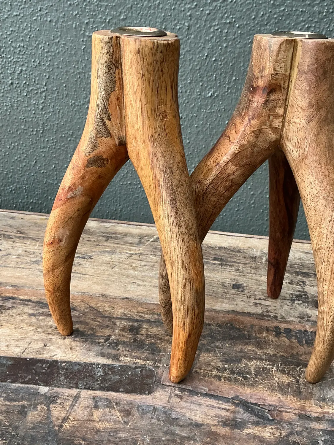 Vintage Carved Wood and Brass Antler Candlesticks - A Pair - Top view