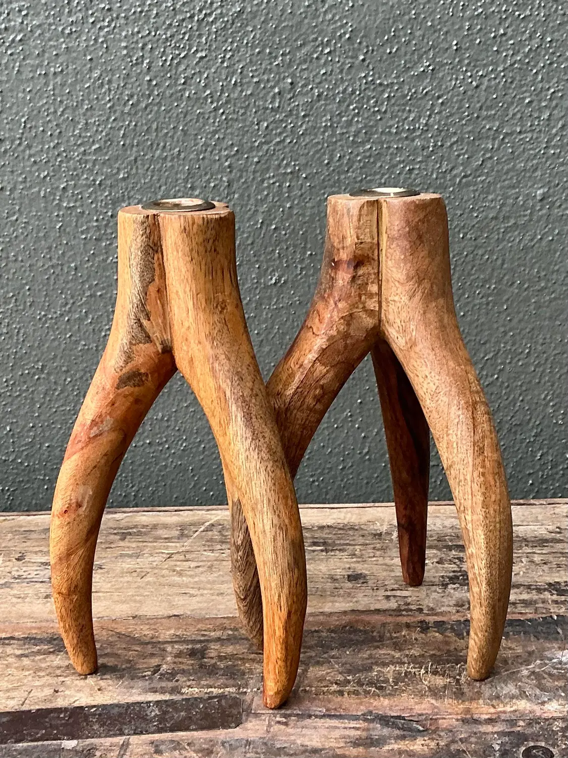 Vintage Carved Wood and Brass Antler Candlesticks - A Pair - Side view