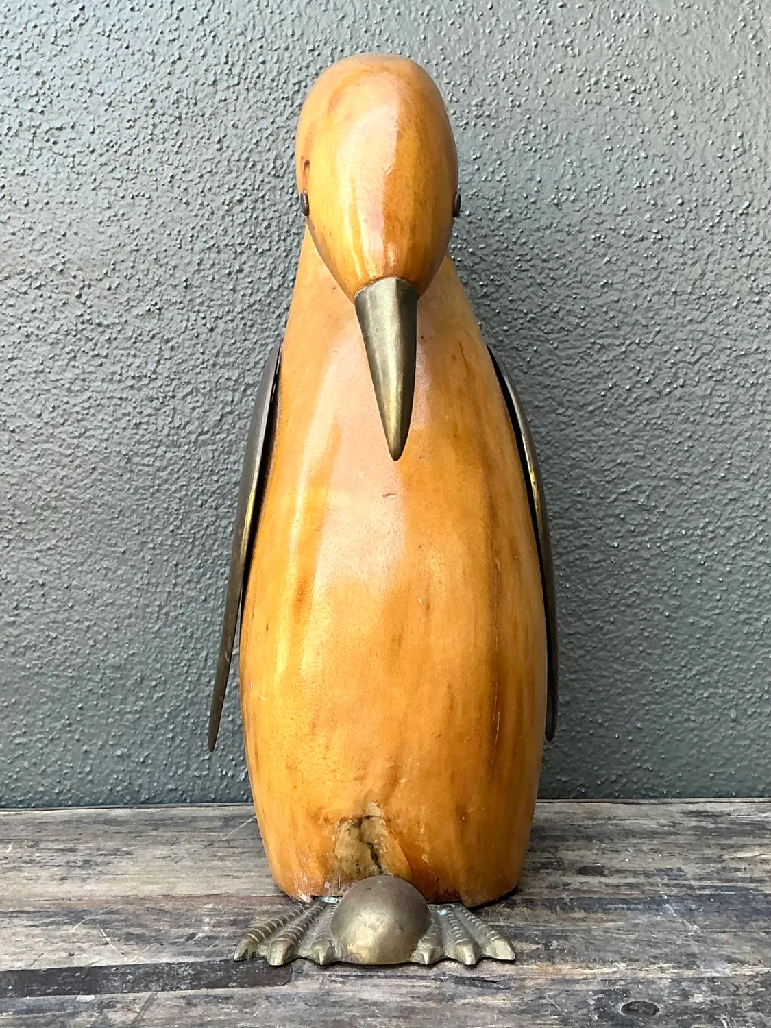 Vintage Carved Wood and Brass Penguin - Detail view