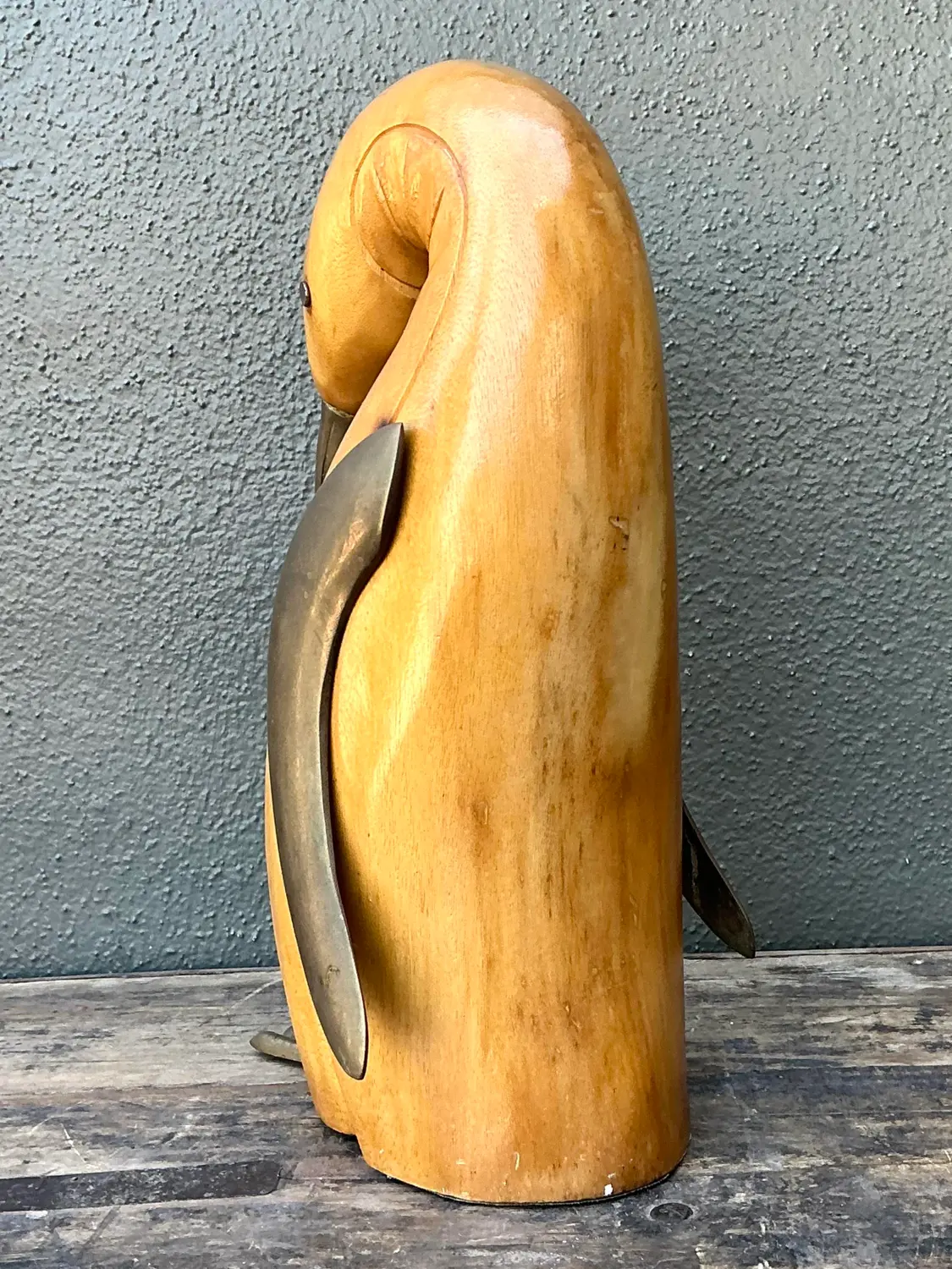 Vintage Carved Wood and Brass Penguin - Back view