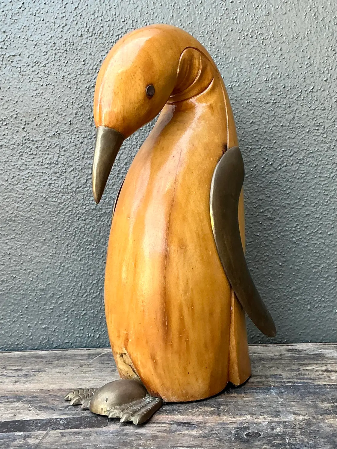 Vintage Carved Wood and Brass Penguin - Side view