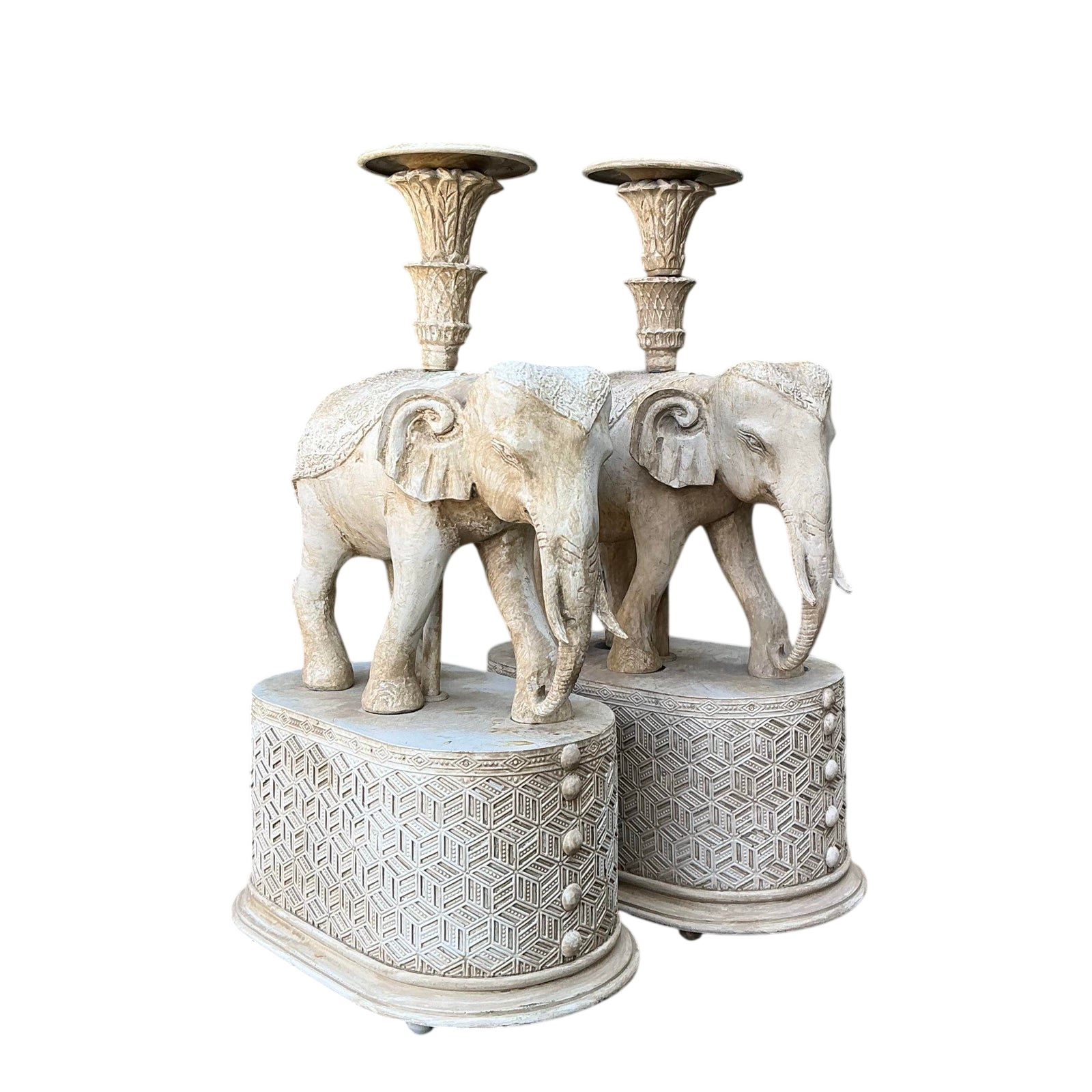 Vintage Carved Wood Elephant Candlesticks - A Pair