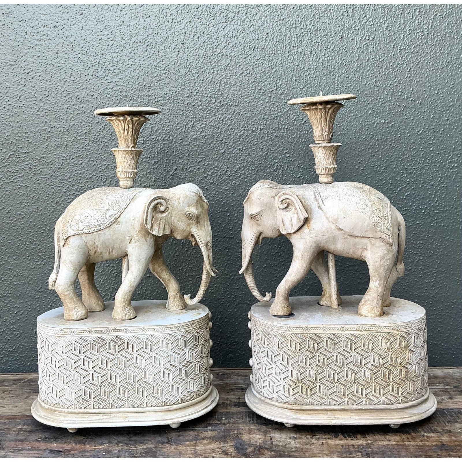 Vintage Carved Wood Elephant Candlesticks - A Pair - Detail view