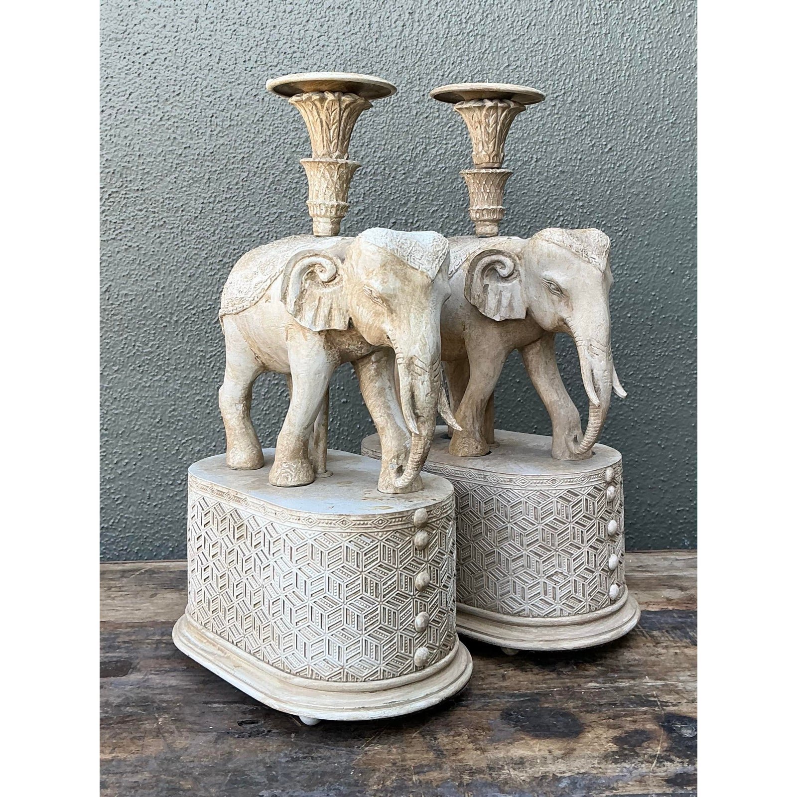 Vintage Carved Wood Elephant Candlesticks - A Pair - Top view