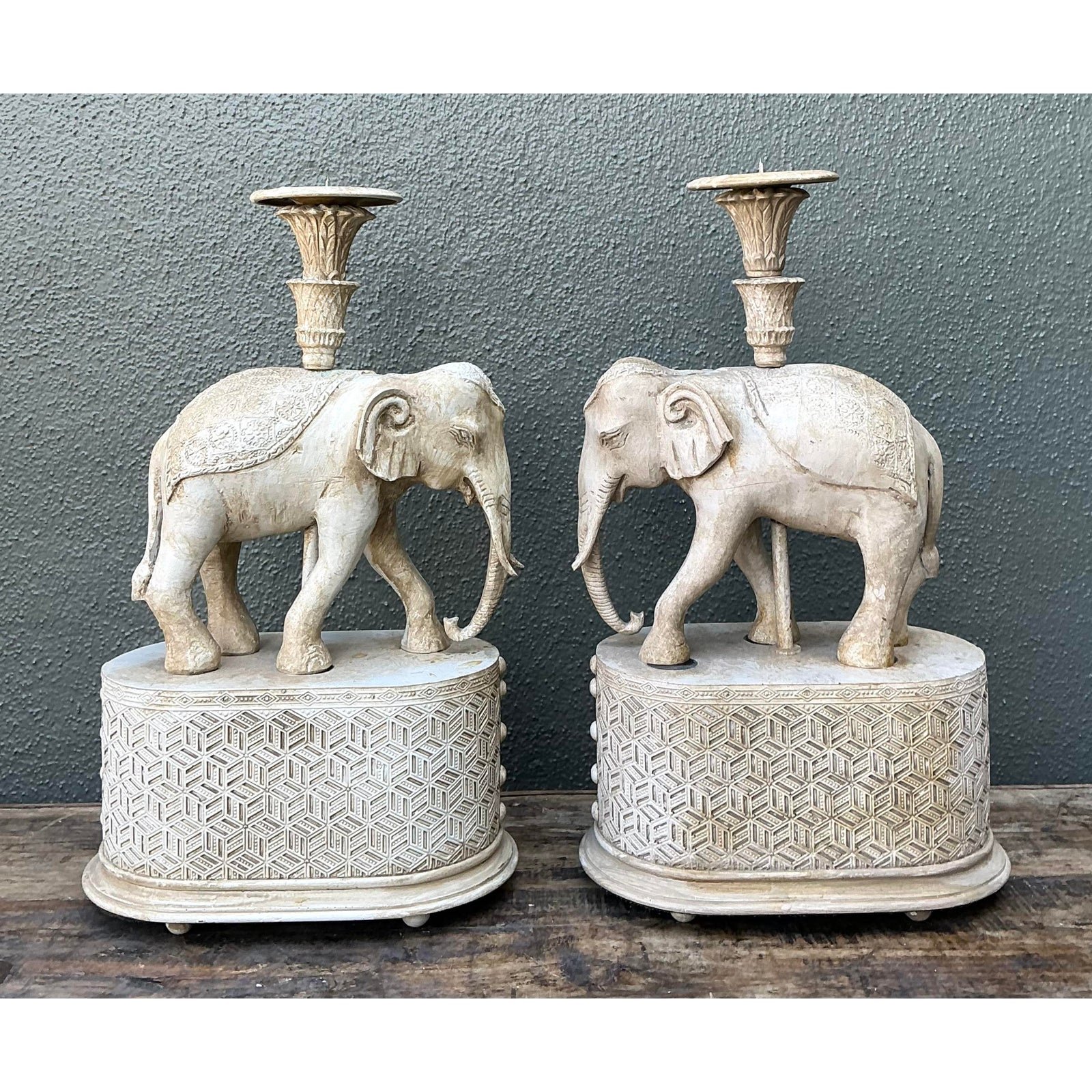 Vintage Carved Wood Elephant Candlesticks - A Pair - Back view