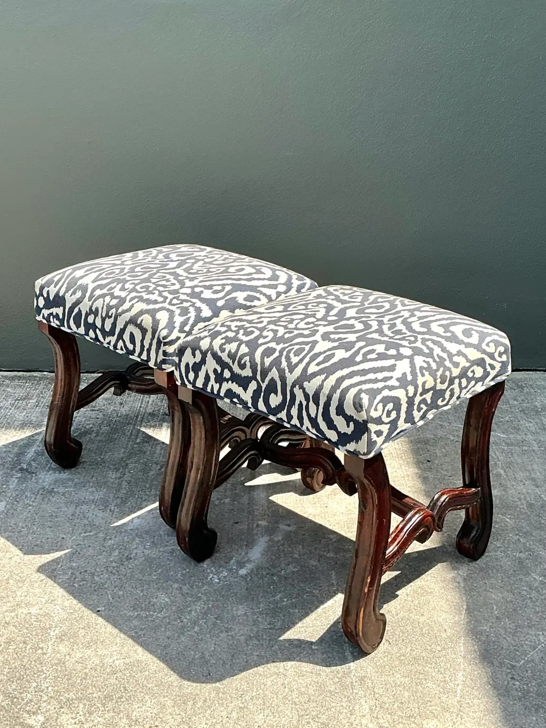 Vintage Carved Wood Low Stools - A Pair - Top view