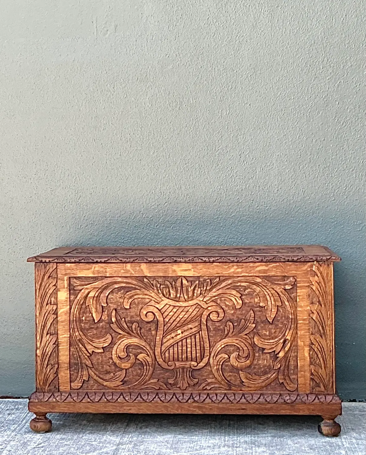 Vintage Carved Wood Lyre Trunk - Side view