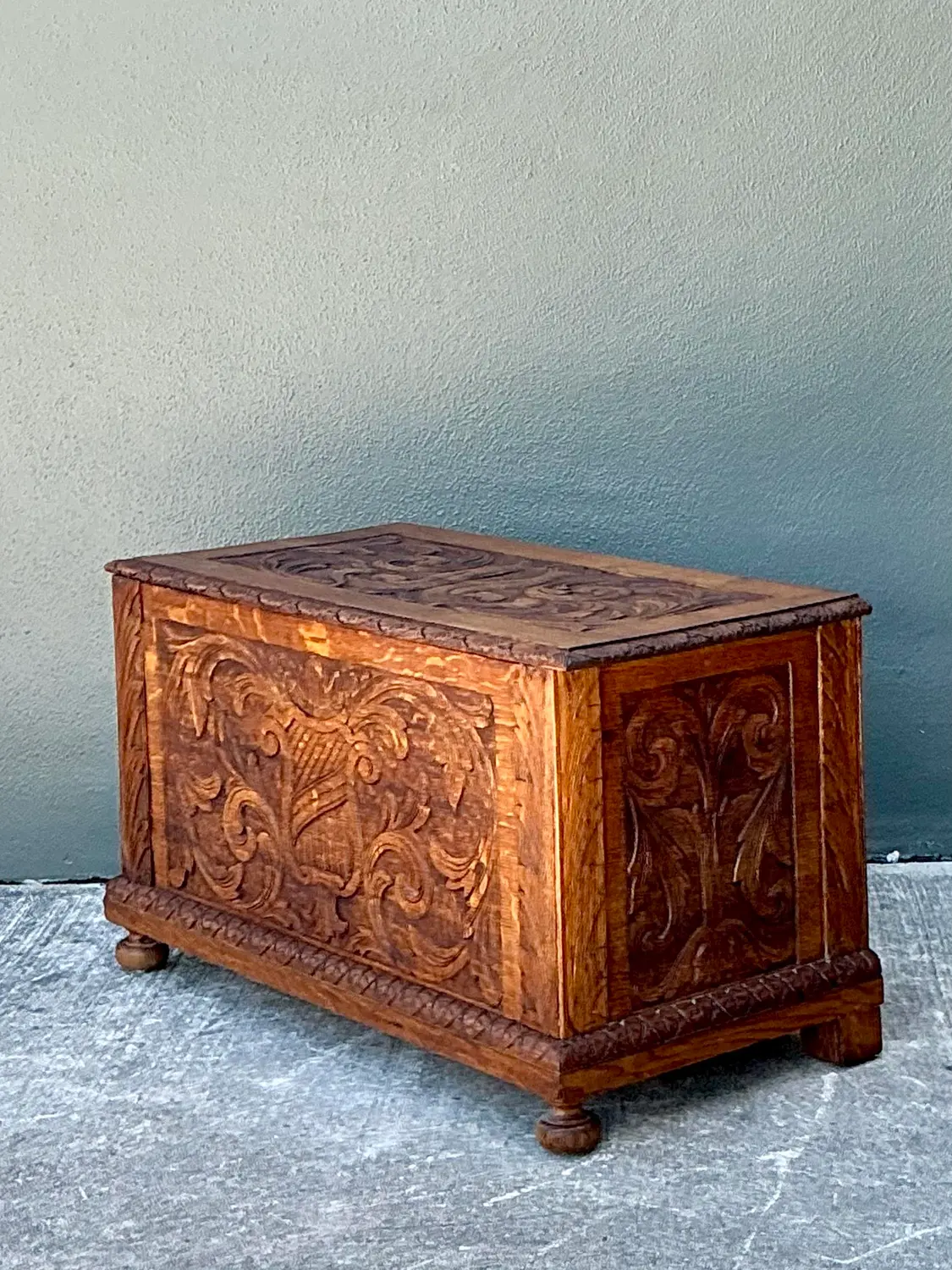 Vintage Carved Wood Lyre Trunk - Back view