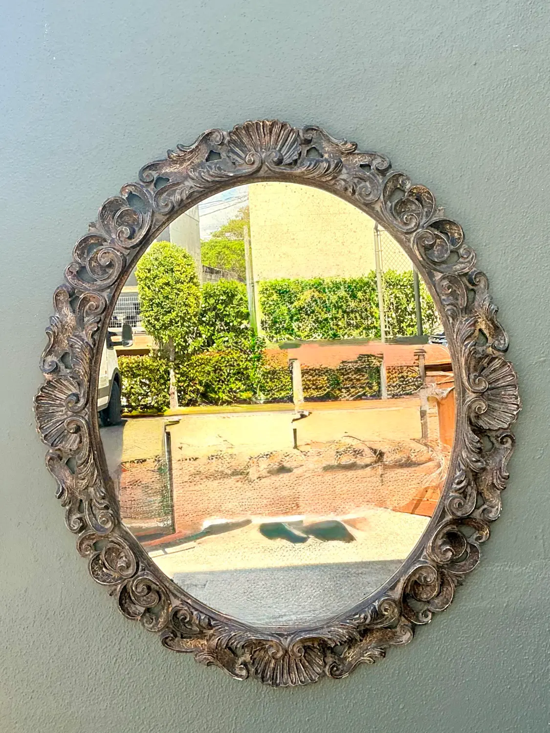 Vintage Carved Wood Oval Mirror - Detail view