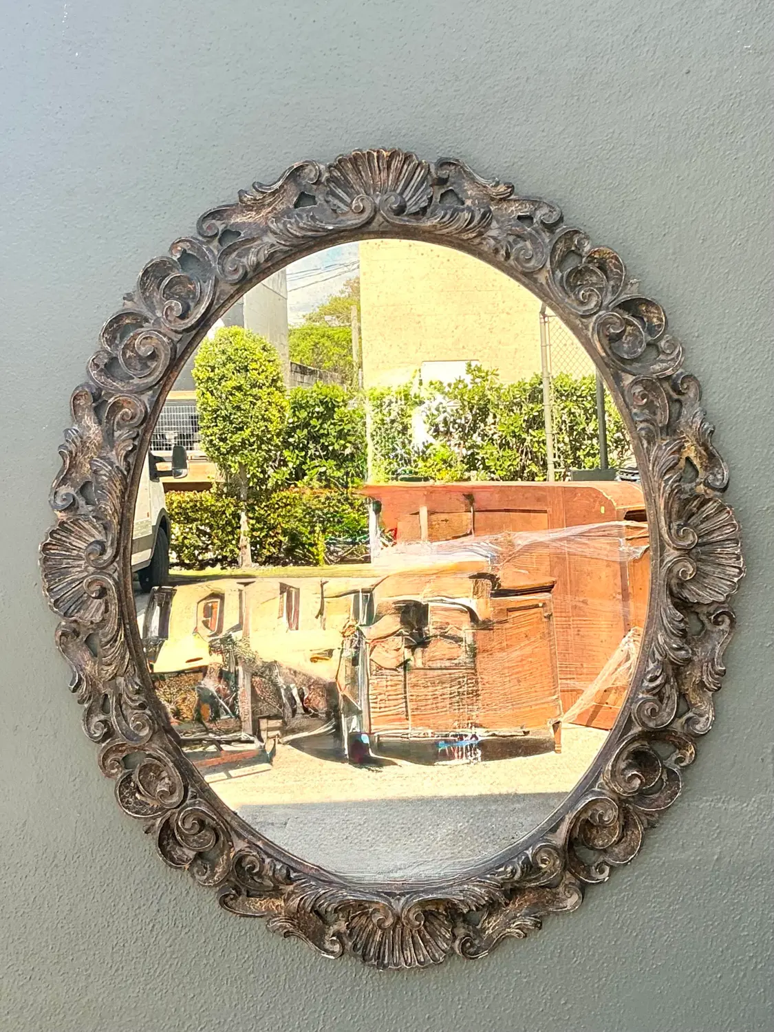 Vintage Carved Wood Oval Mirror - Side view