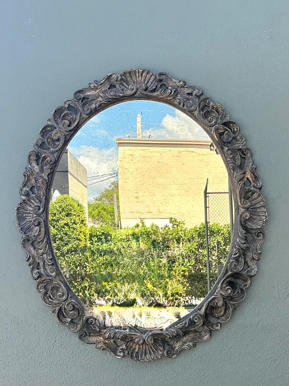 Vintage Carved Wood Oval Mirror - Top view