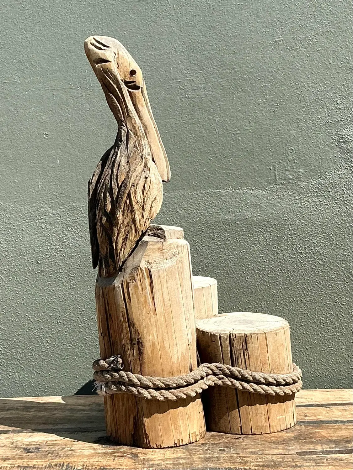 Vintage Carved Wood Pelican on the Docks - Top view