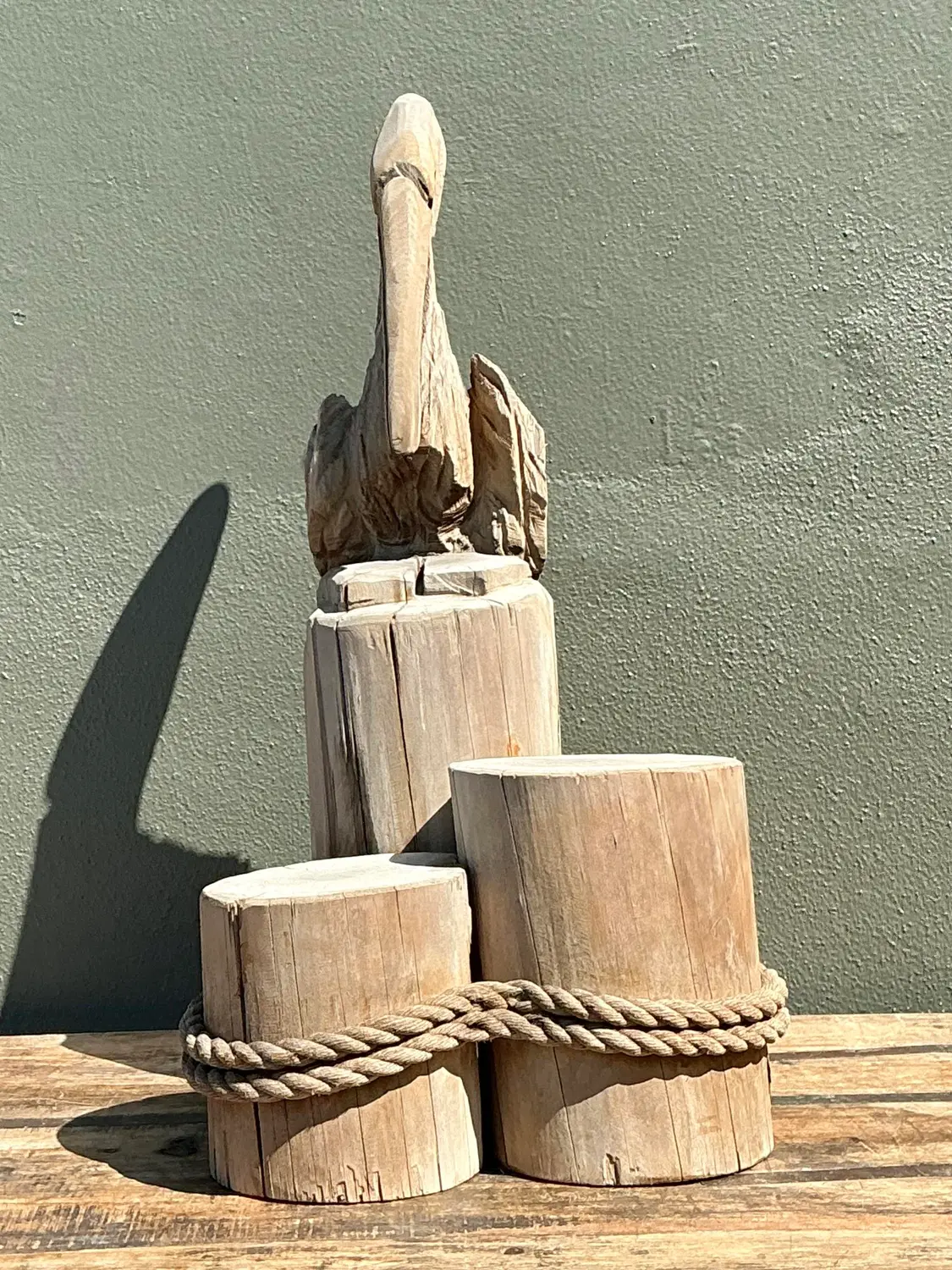 Vintage Carved Wood Pelican on the Docks - Back view