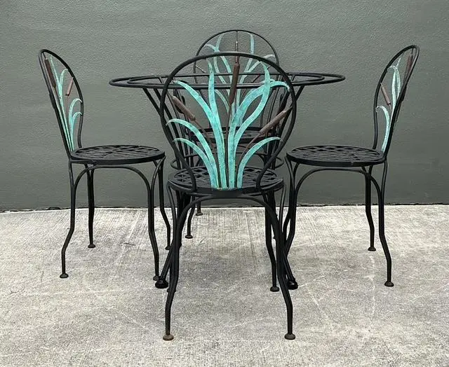 Vintage Cast Aluminum Cat Tail Dining Table Set of 5 - Side view