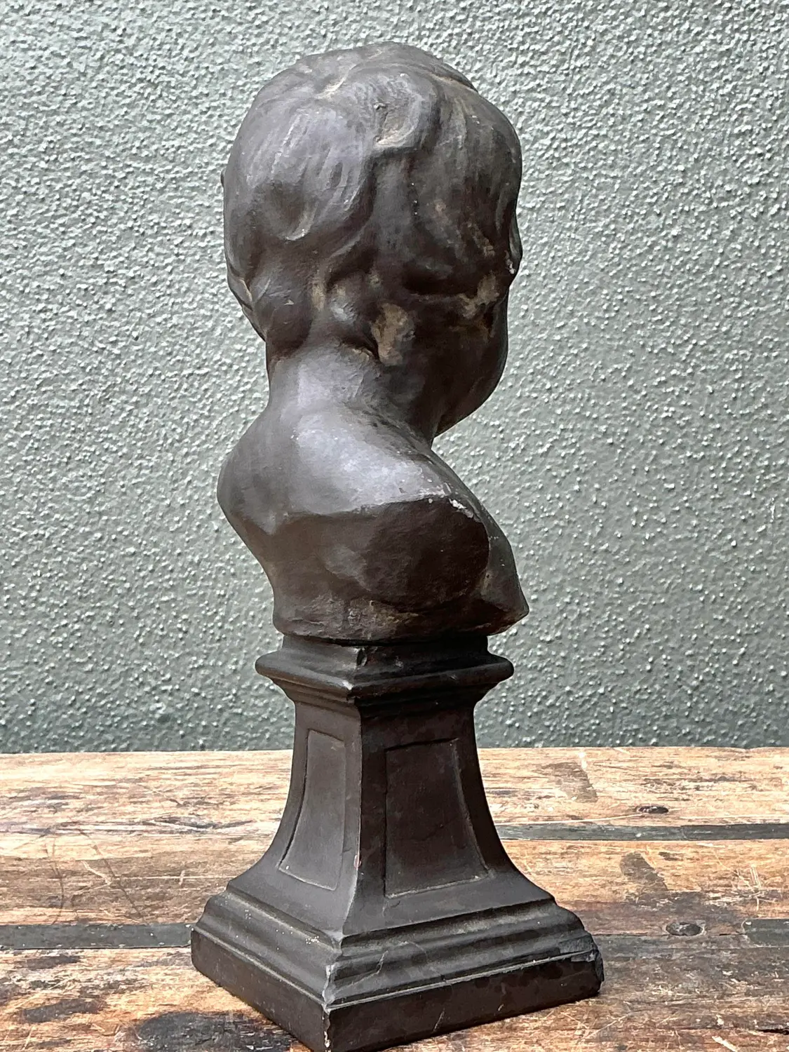 Vintage Cast Bronze Bust of Baby - Top view