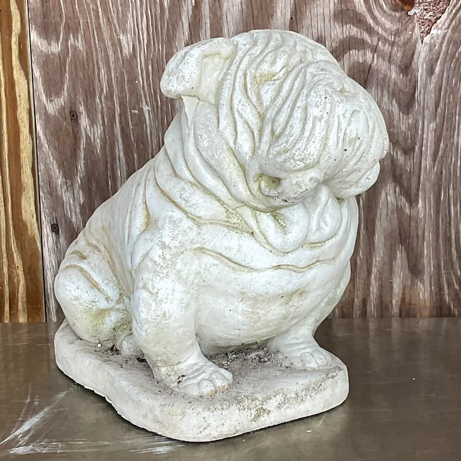 Vintage Cast Cement Bulldog Garden Statue - Side view