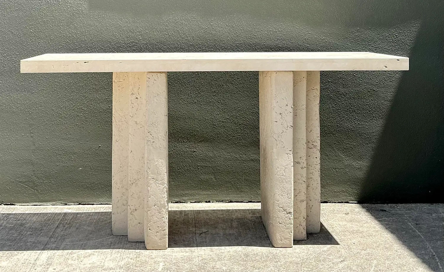 Vintage Cast Concrete and Travertine Console Table - Side view