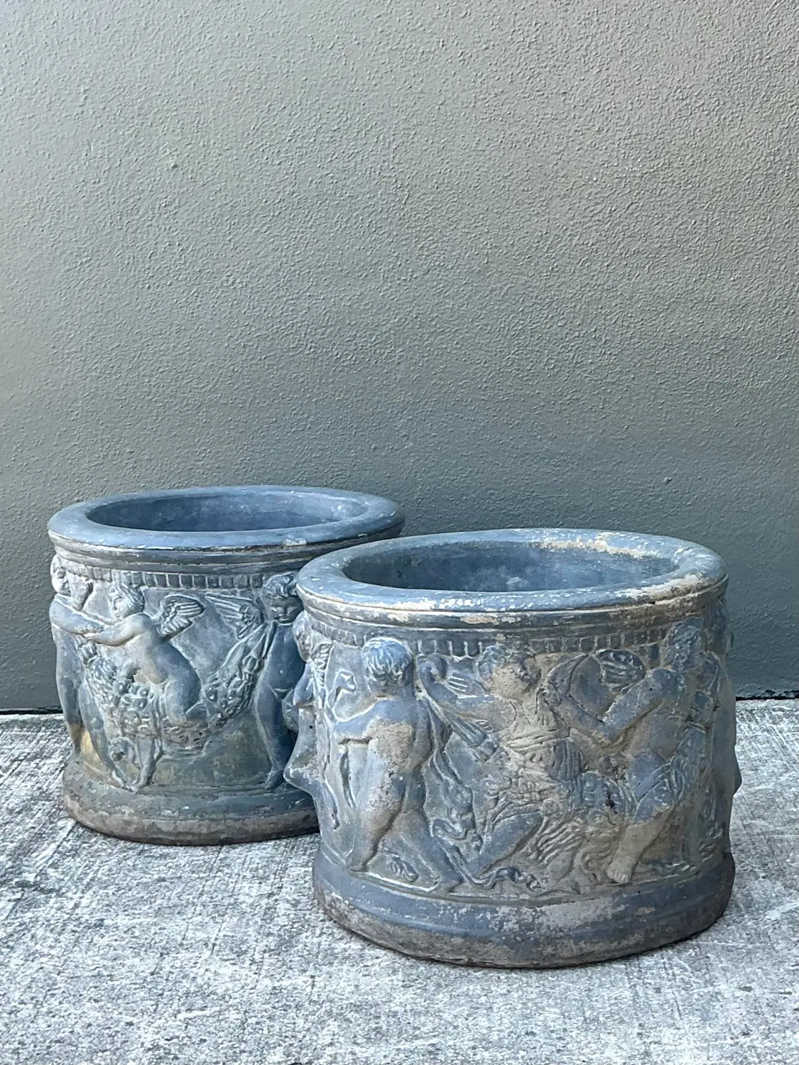 Vintage Cast Concrete Putti Cherub Planters - Side view