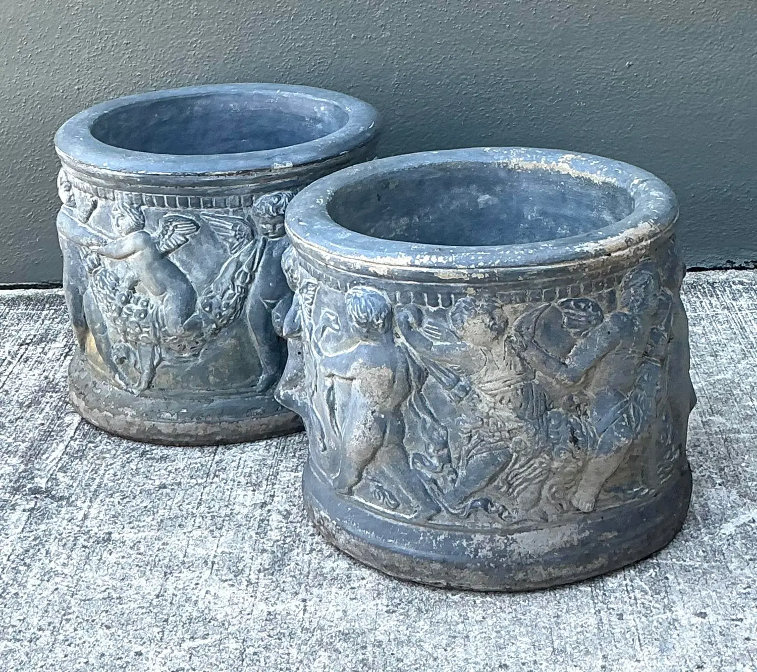 Vintage Cast Concrete Putti Cherub Planters - Back view