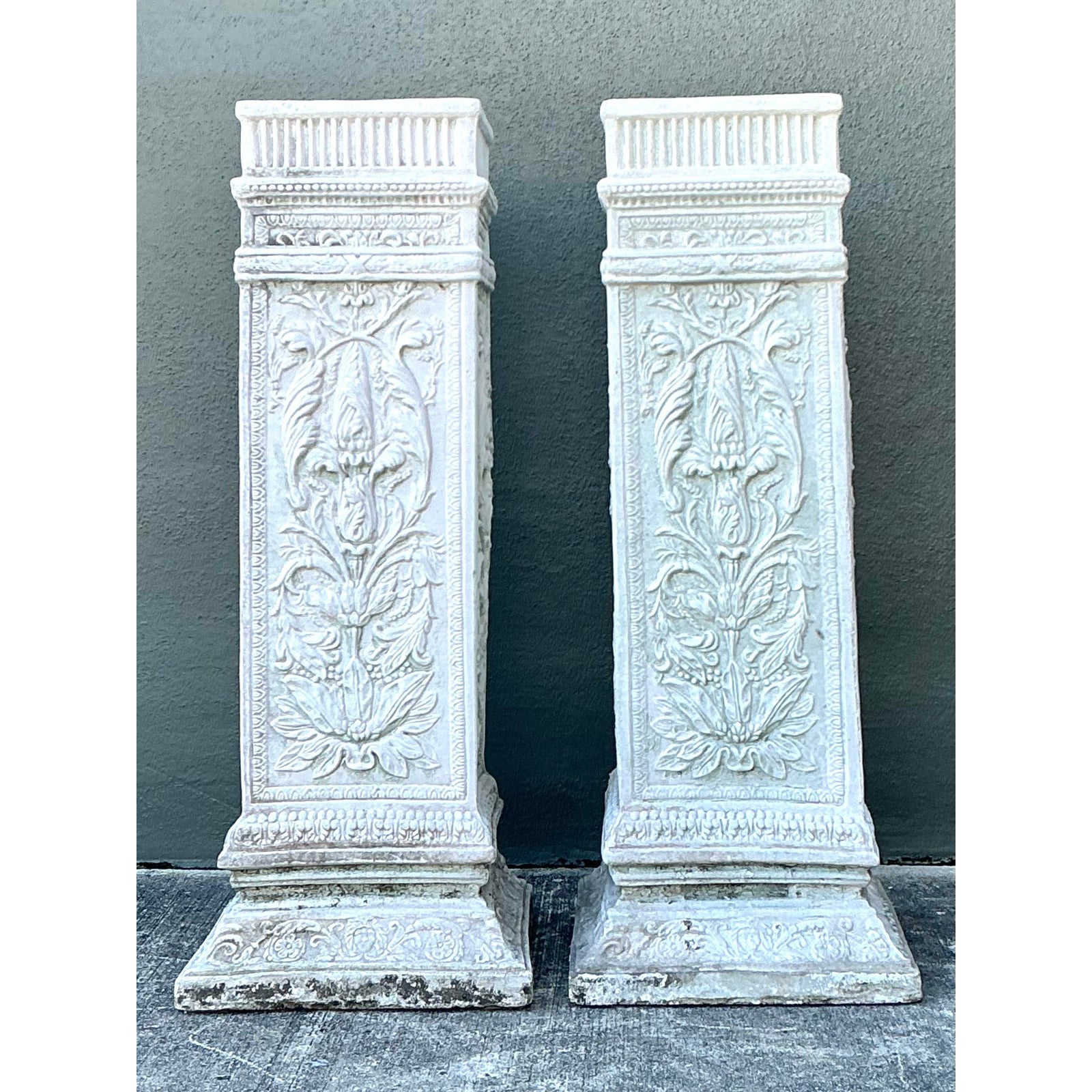 Vintage Cast Concrete Relief Pedestals - A Pair - Side view