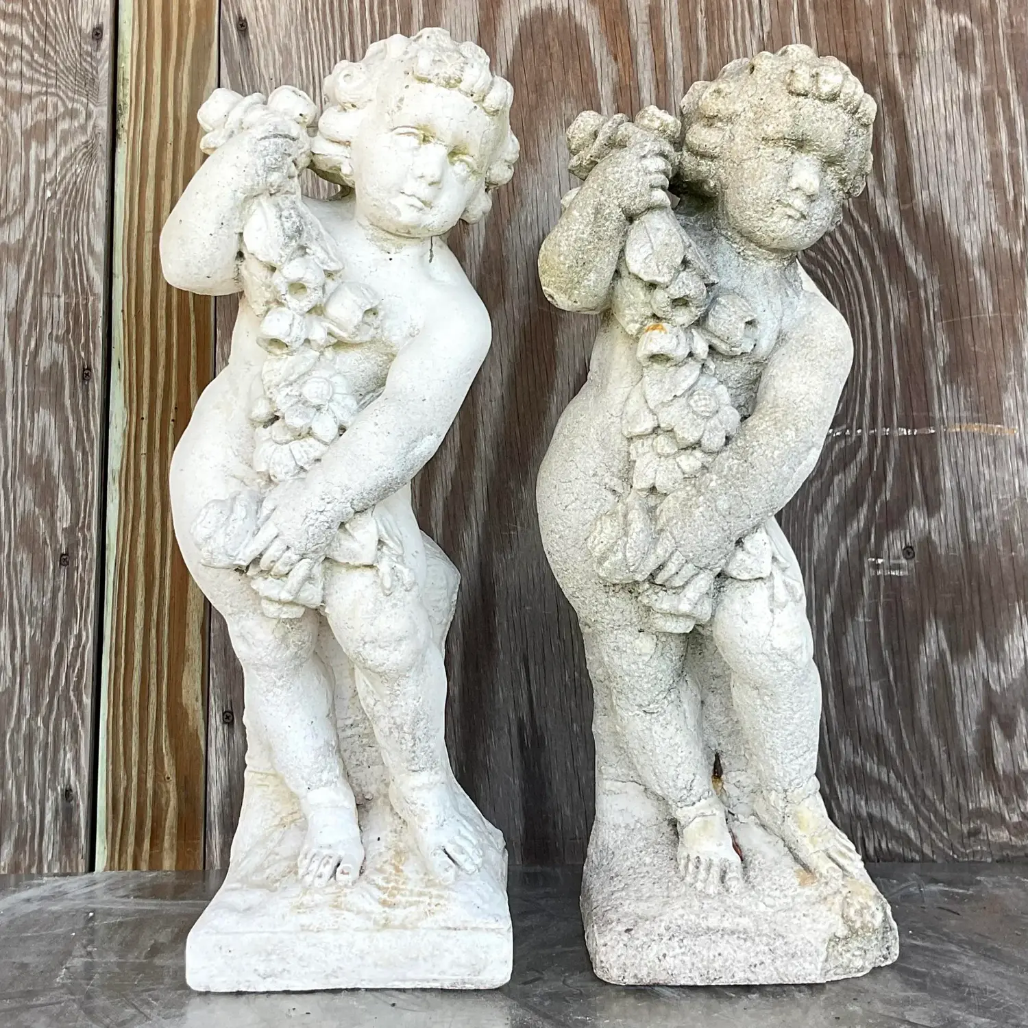 Vintage Cast Concrete Season Statues - a Pair - Detail view