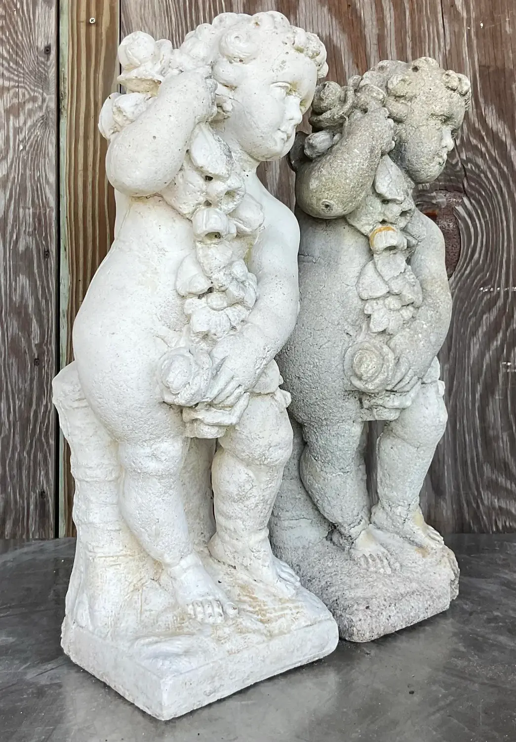 Vintage Cast Concrete Season Statues - a Pair - Side view