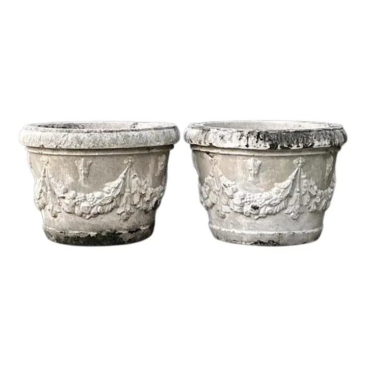 Vintage Cast Concrete Swag Planters - A Pair