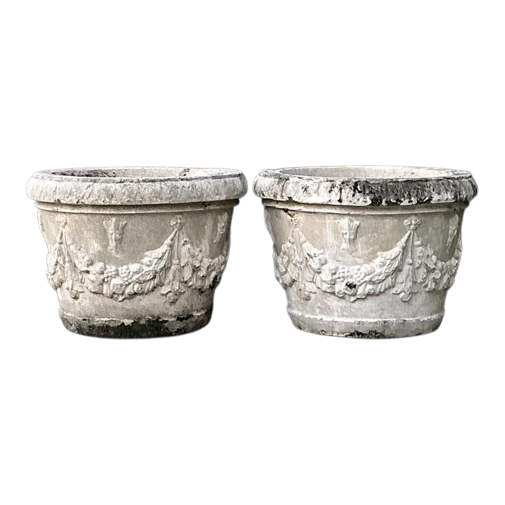 Vintage Cast Concrete Swag Planters - A Pair - Detail view