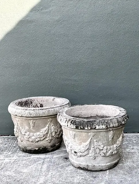 Vintage Cast Concrete Swag Planters - A Pair - Back view