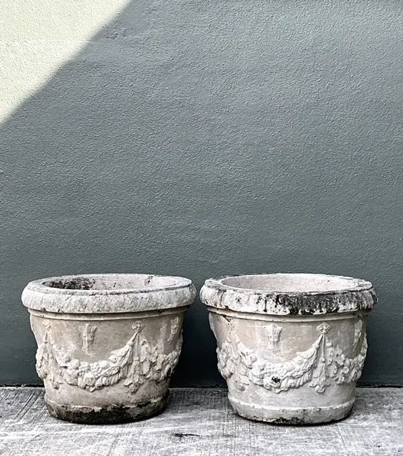 Vintage Cast Concrete Swag Planters - A Pair - Top view