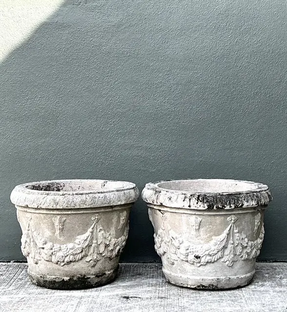 Vintage Cast Concrete Swag Planters - A Pair - Side view
