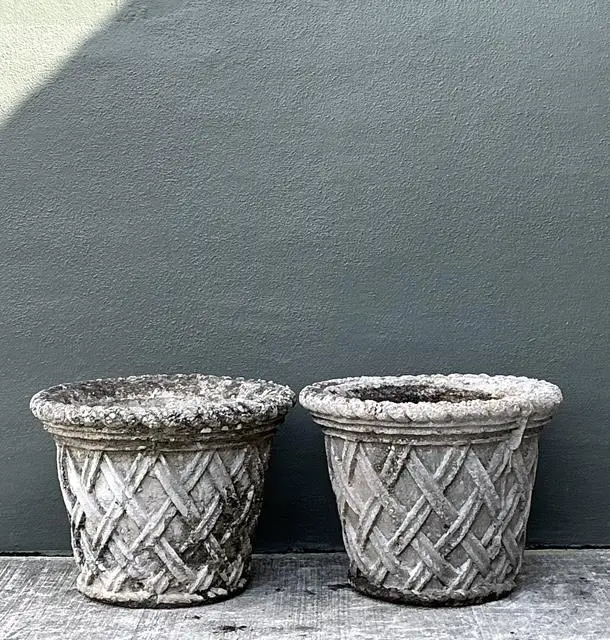 Vintage Cast Concrete Trellis Planters - A Pair - Back view
