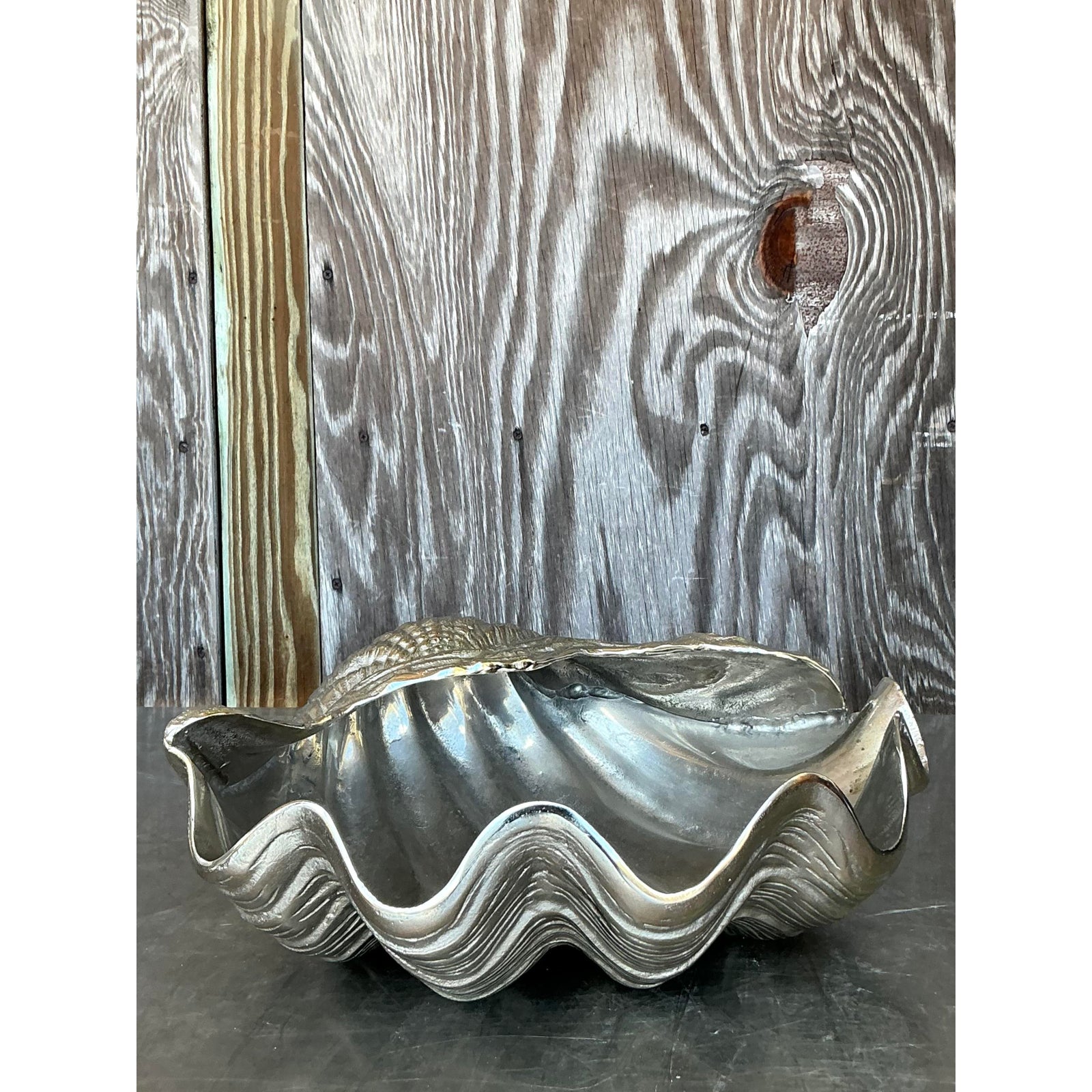 Vintage Cast Metal Giant Clam Shell - Side view