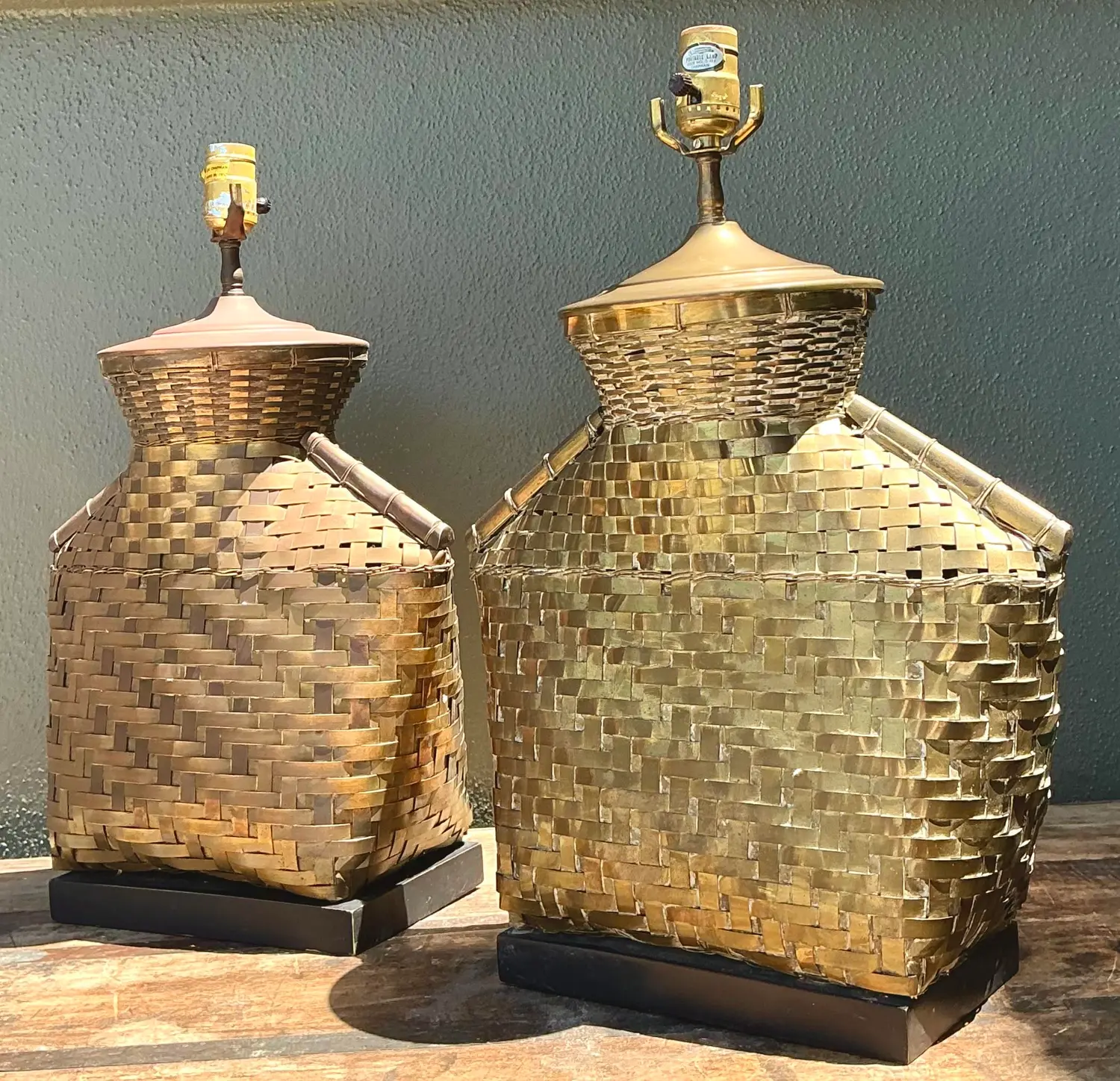 Vintage Chapman Woven Brass Table Lamps - A Pair - Side view